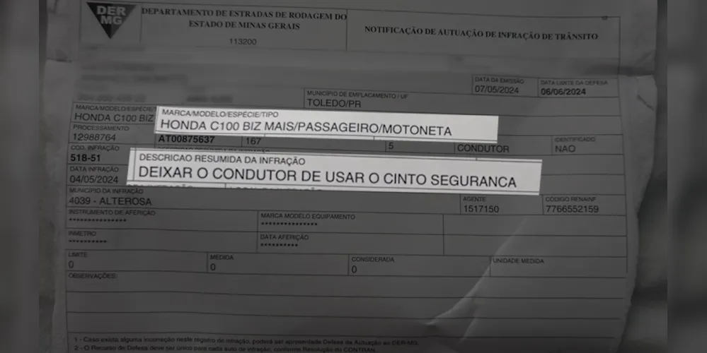 Segundo a multa, infração teria acontecido em Alterosa (MG), no dia 04 de maio