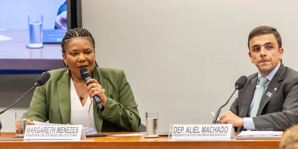 Ministra Margareth Menezes e Aliel Machado durante audiência pública ocorrida em maio
