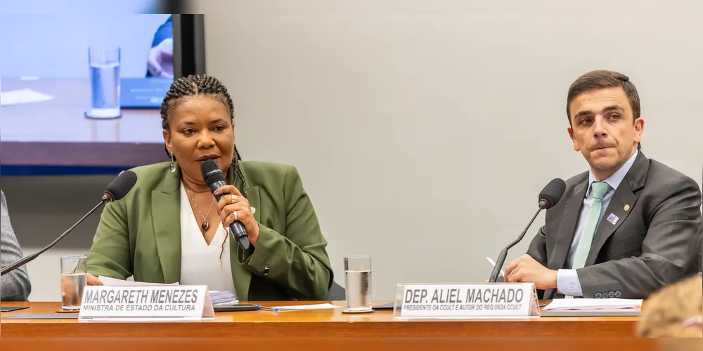 Ministra Margareth Menezes e Aliel Machado durante audiência pública ocorrida em maio