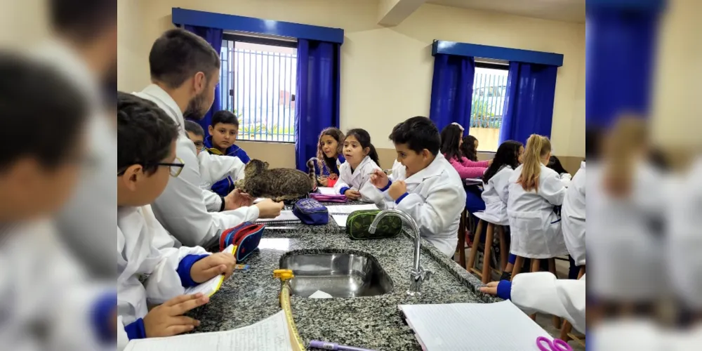 Uma das atividades consistiu na observação de lâminas no microscópio, após os alunos aprenderem a manusear a objeto.