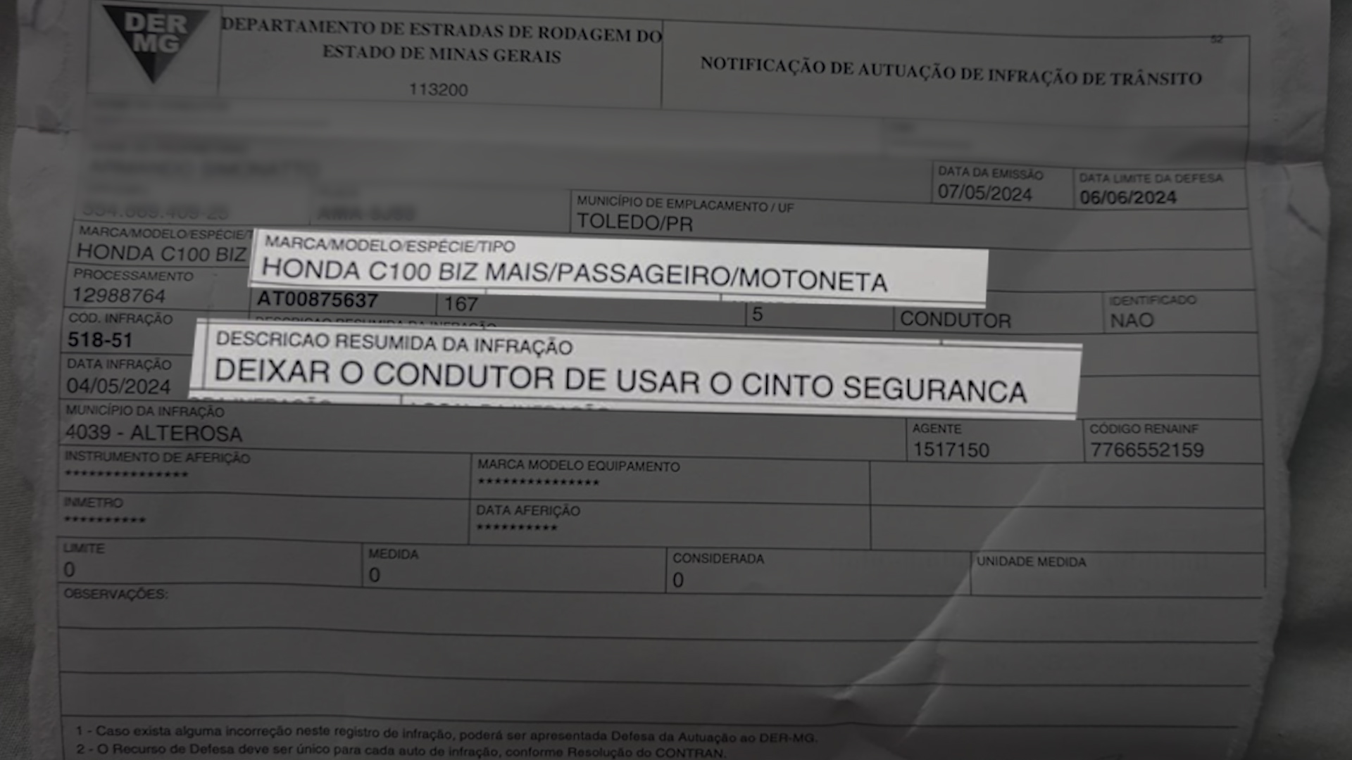 Segundo a multa, infração teria acontecido em Alterosa (MG), no dia 04 de maio