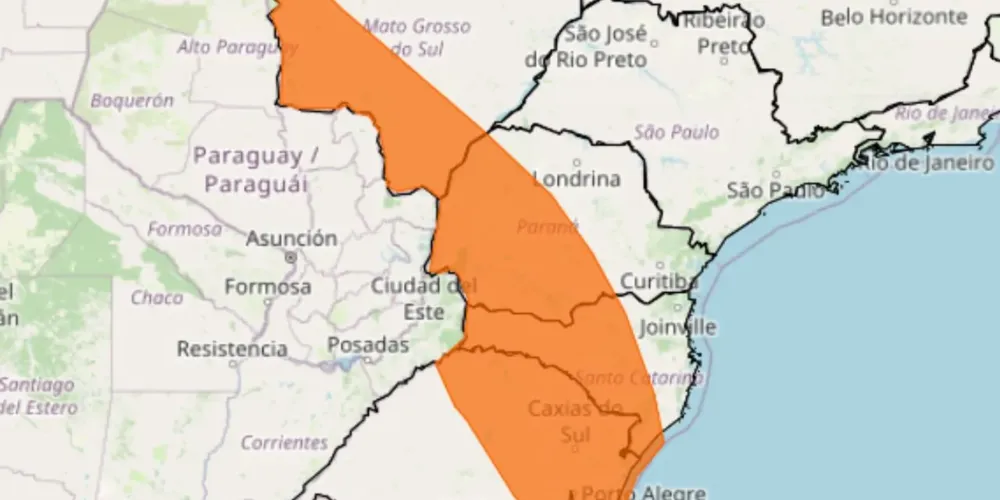 Os riscos potenciais desse alerta são: chuva entre 30 e 60 mm/h e queda de granizo
