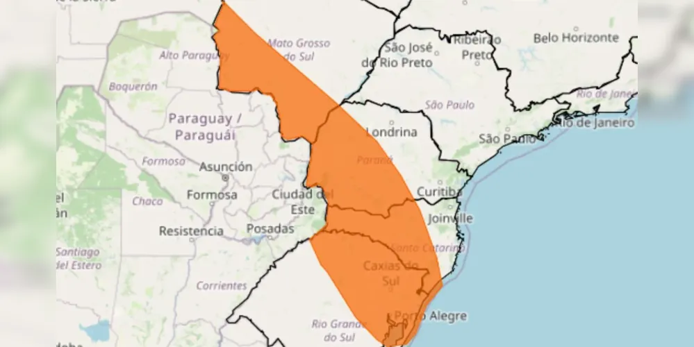 Os riscos potenciais desse alerta são: chuva entre 30 e 60 mm/h e queda de granizo