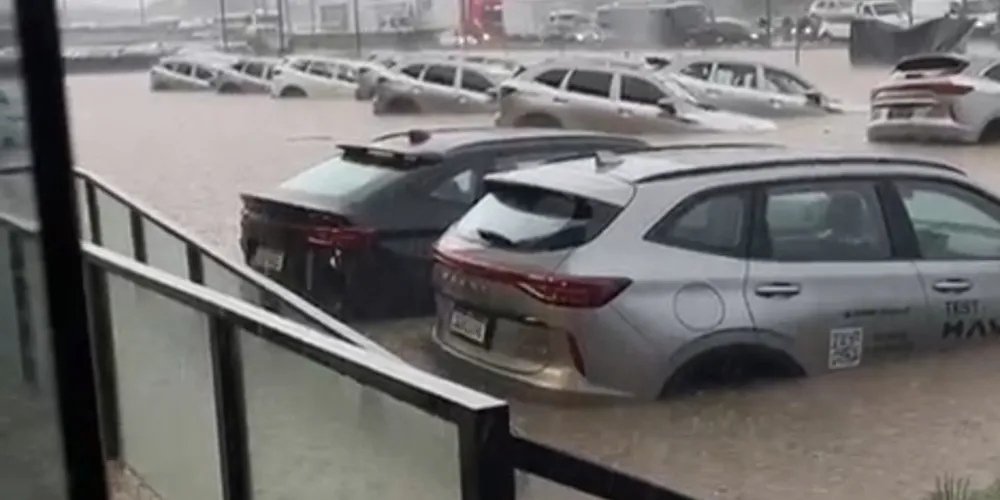 A água subiu até a metade da carroceria dos carros