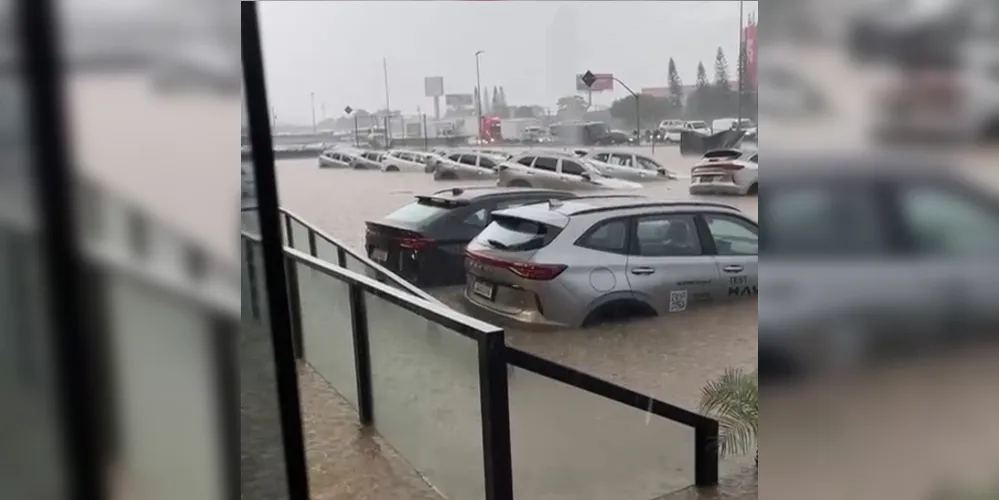 A água subiu até a metade da carroceria dos carros