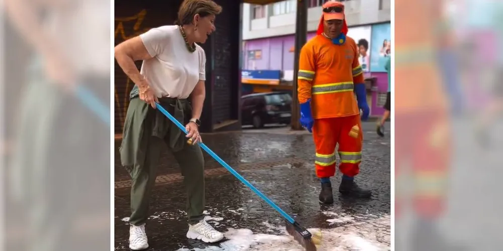 A prefeita pegou a vassoura e contribuiu com a limpeza do calçadão
