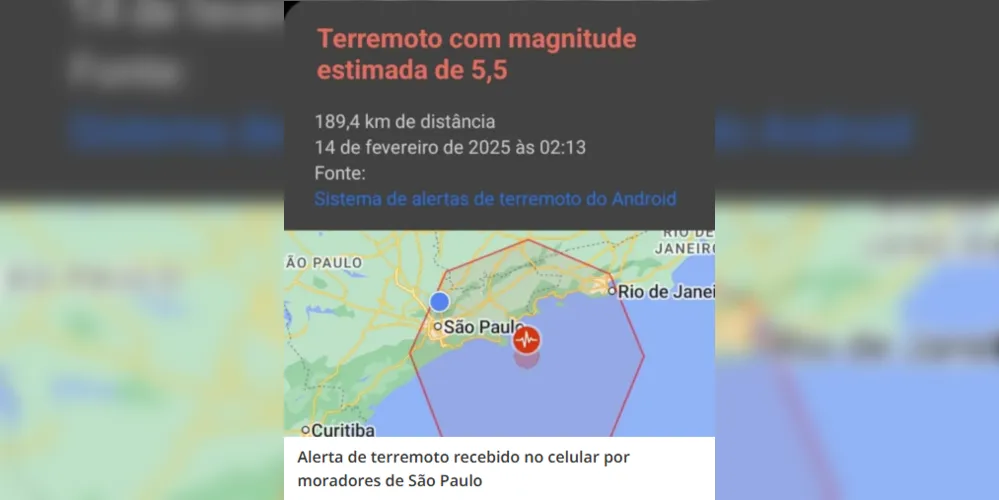 A notificação mostrava possíveis tremores, com magnitudes diferentes, na região de Ubatuba (de magnitude 4,4) e na Baixada Santista (de magnitude 5,5)