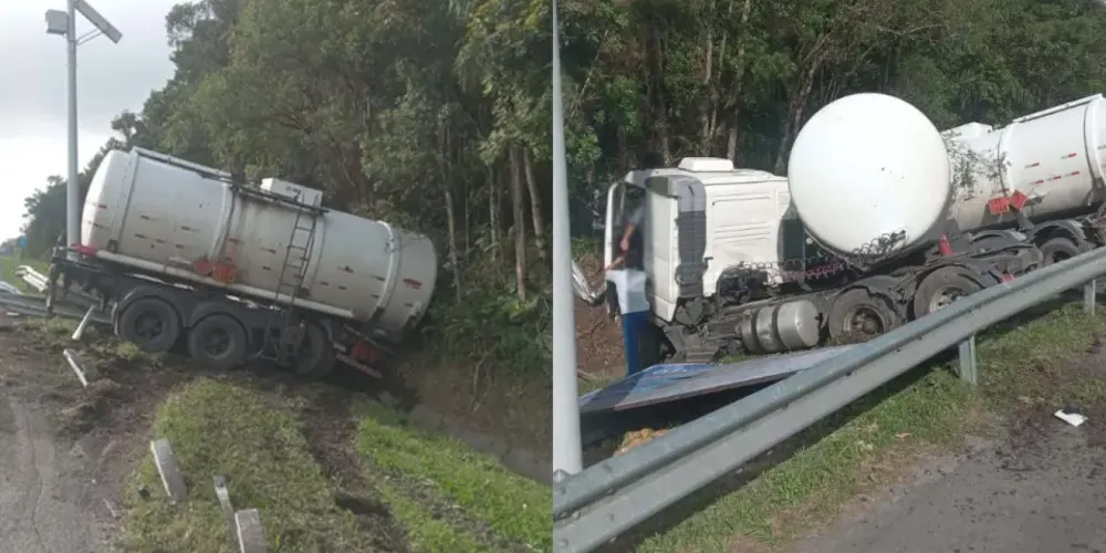 O veículo bateu contra a defensa metálica da rodovia e ficou em “L” na faixa
