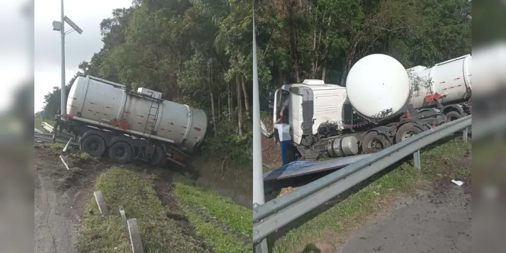 O veículo bateu contra a defensa metálica da rodovia e ficou em “L” na faixa