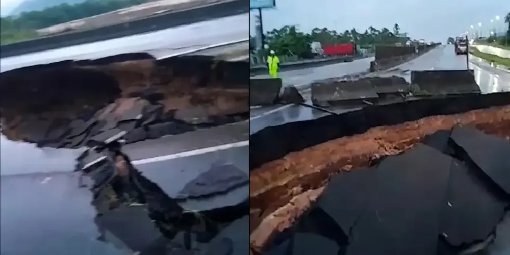 Cratera surge em rodovia após fortes chuvas