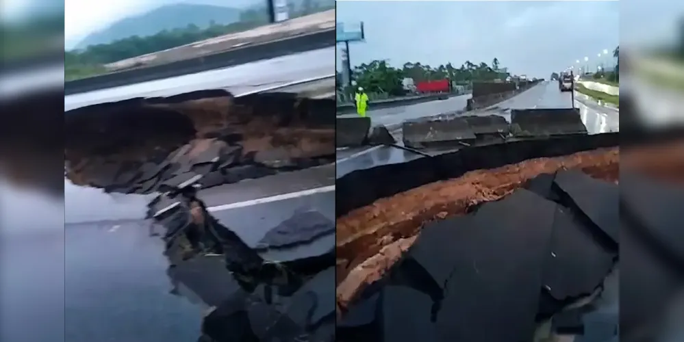 Cratera surge em rodovia após fortes chuvas