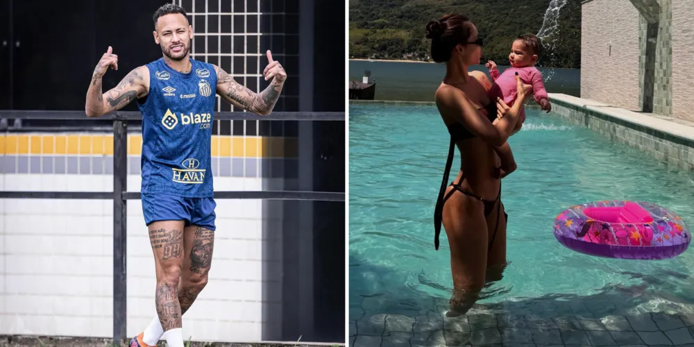A modelo Amanda Kimberlly usou as redes sociais para publicar algumas fotos curtindo uma piscina ao lado da filha com o jogador Neymar