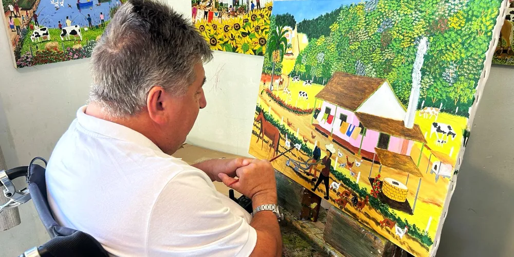 As pinturas de Marcelo retratam o universo rural que resgatam suas memórias de infância