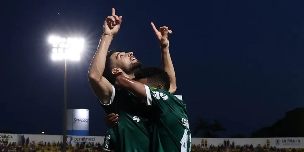 Jogadores do Palmeiras comemorando um gol contra o Mirassol