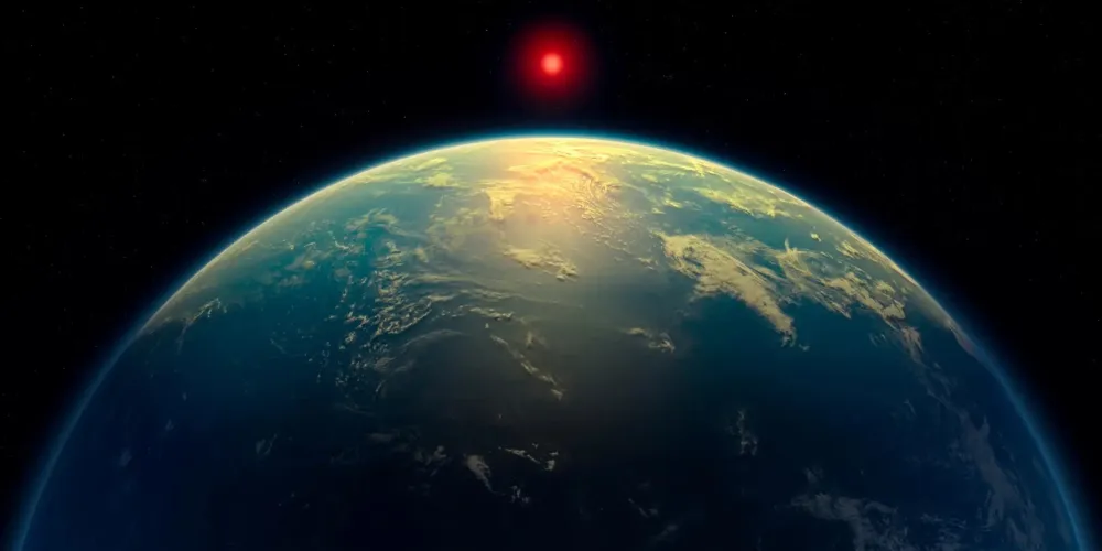 Ilustração de um planeta com as características do K2-18 b