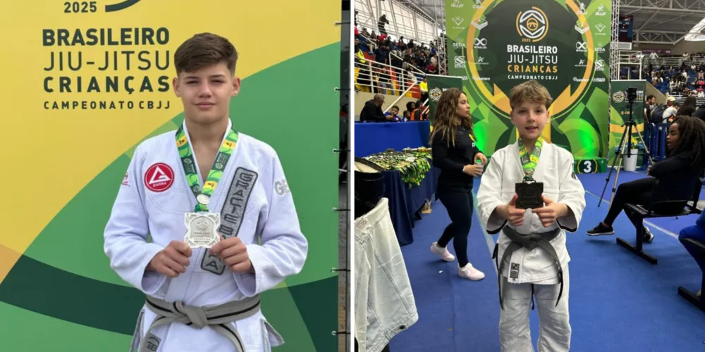 Gustavo Kuczera Drabeski e João Lucas de Prá com suas medalhas