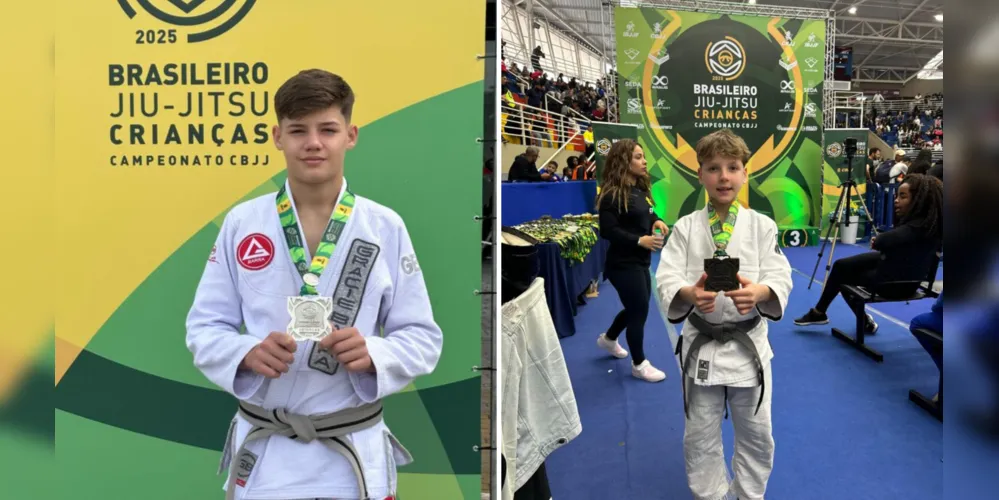 Gustavo Kuczera Drabeski e João Lucas de Prá com suas medalhas