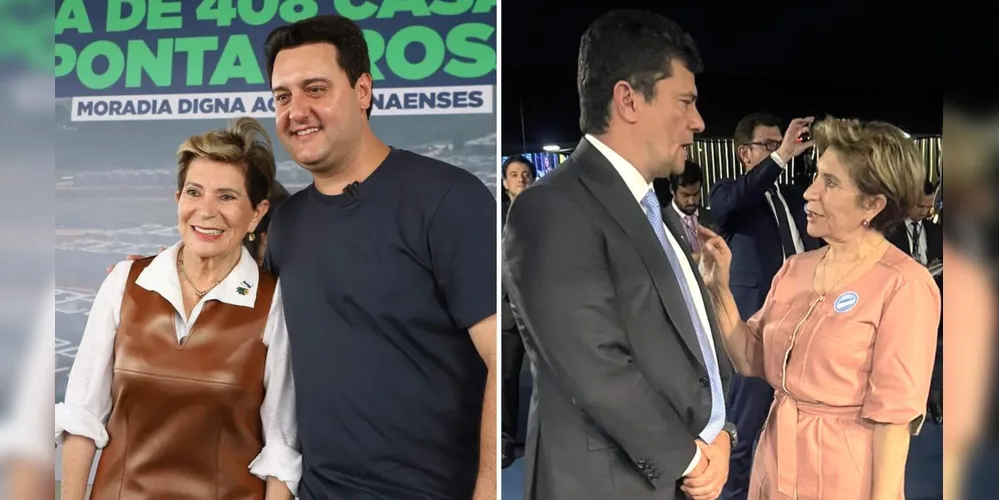 Elizabeth Schmidt ao lado de Ratinho Jr. e Sergio Moro