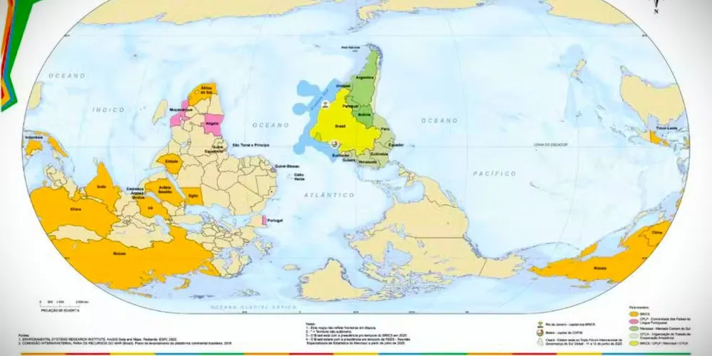 Mapa-múndi também destaca países do BRICS e do Mercosul