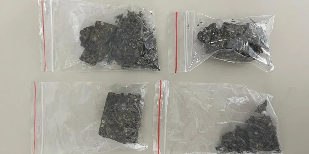 Foi localizado quatro porções de substância análoga à maconha, embaladas em sacos ziplock