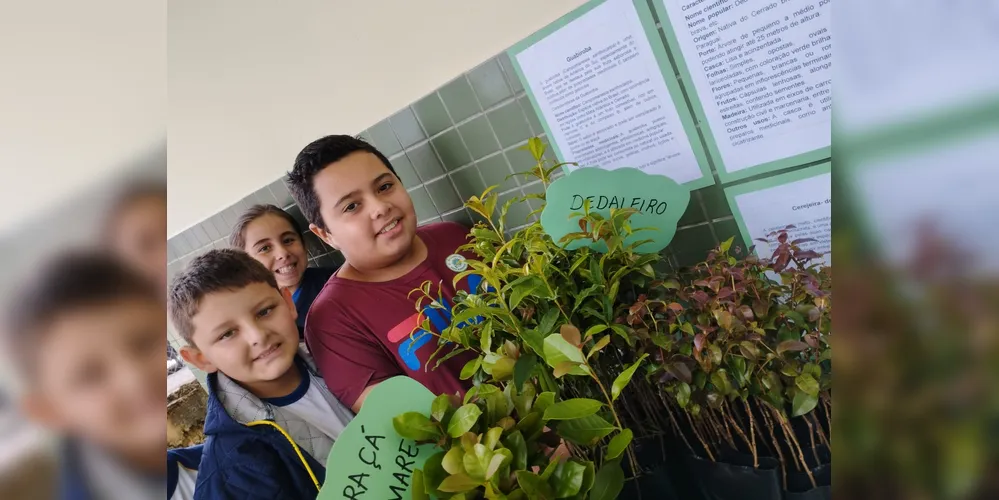 Como finalização das atividades, os alunos distribuíram mudas de árvores nativas aos colegas da escola