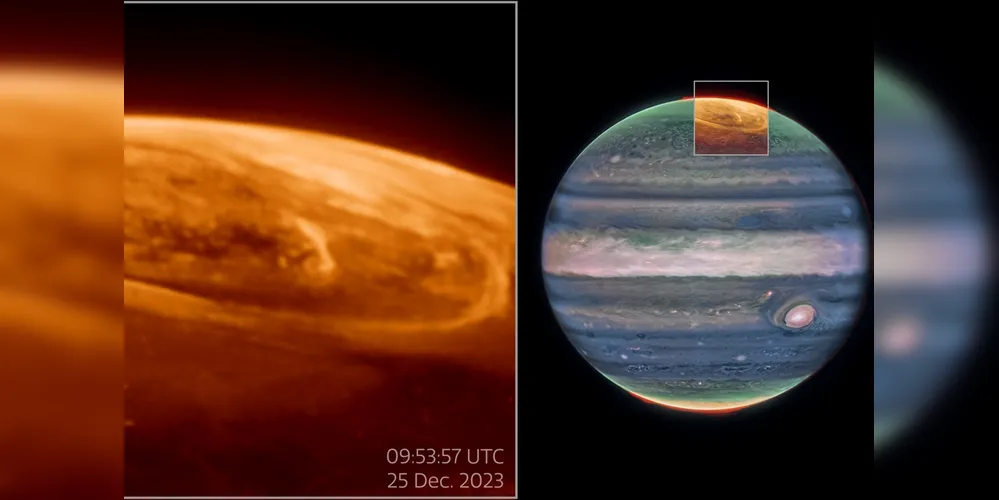 Imagem feita por telescópio espacial James Webb captura auroras brilhantes em Júpiter