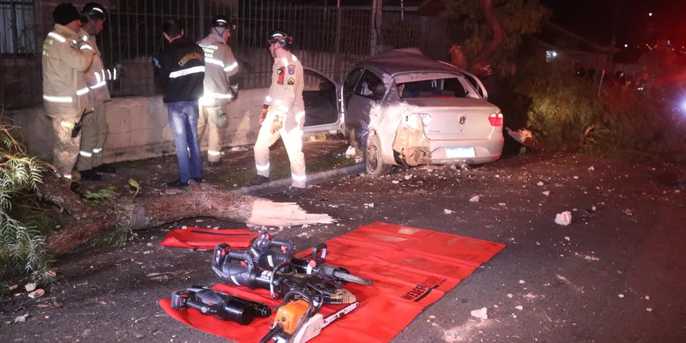 Carro atingiu duas árvores e o muro de uma residência