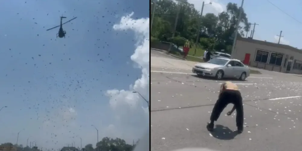 É possível ver o helicóptero despejando as notas e motoristas saindo de seus carros para pegá-las