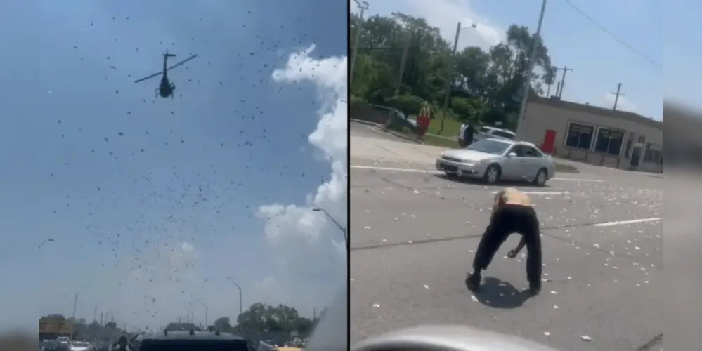 É possível ver o helicóptero despejando as notas e motoristas saindo de seus carros para pegá-las