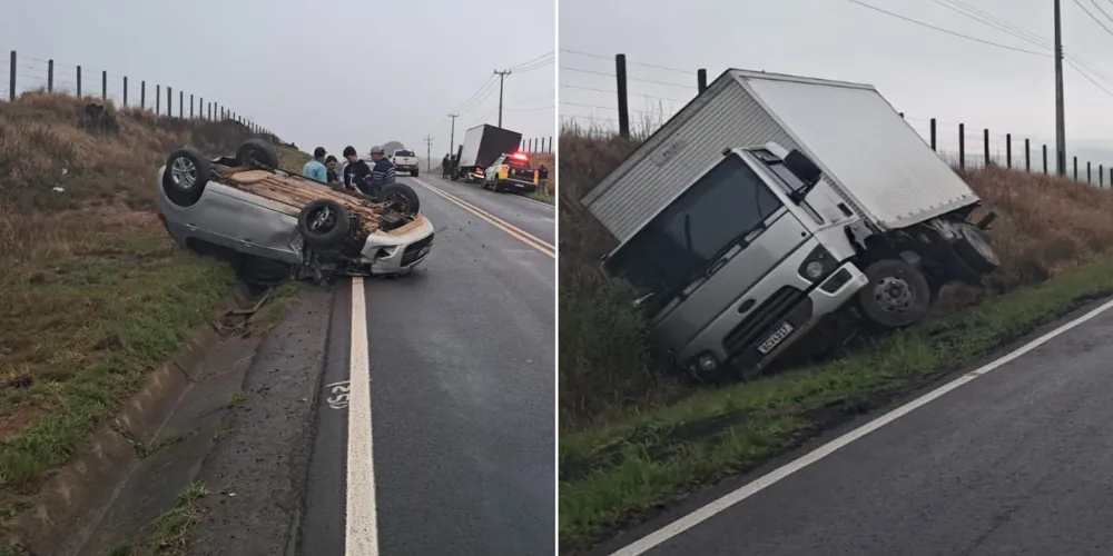 Carro e caminhão saíram da pista com a colisão