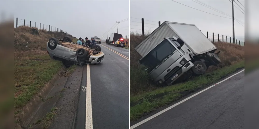 Carro e caminhão saíram da pista com a colisão