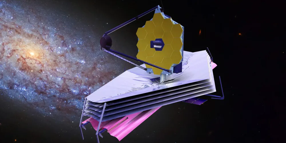 Representação artística do Telescópio Espacial James Webb investigando o cosmos