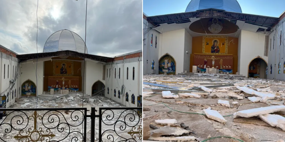 O teto da igreja ficou completamente destruído após fortes chuvas de granizo em Castro