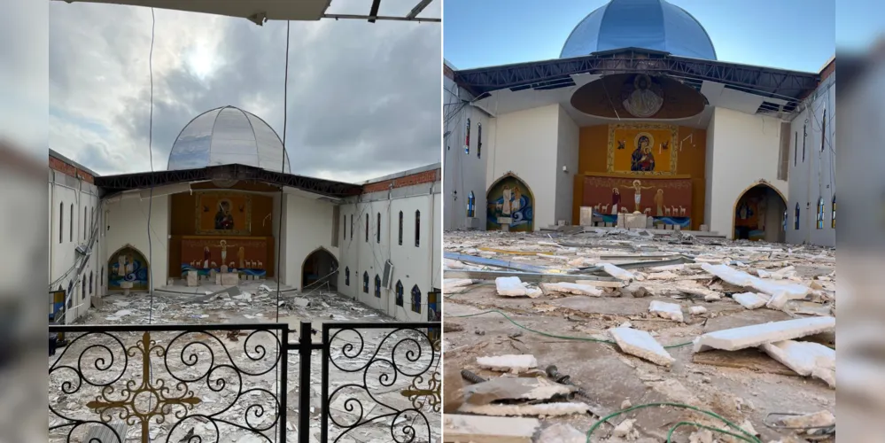 O teto da igreja ficou completamente destruído após fortes chuvas de granizo em Castro