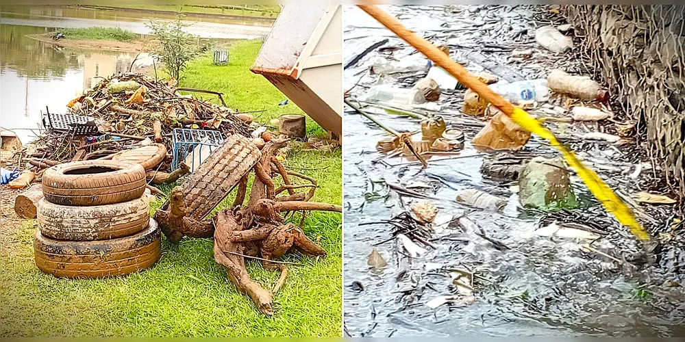 Pneus, plásticos, garrafas e outros materiais foram recolhidos do lago