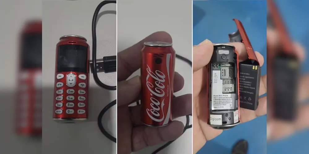 O aparelho, disfarçado de lata de refrigerante, funcionava como um celular comum