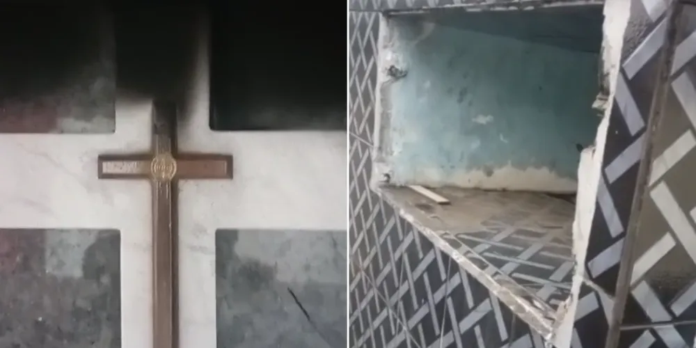 Imagens revelam que partes do túmulo foram pichadas e destruídas