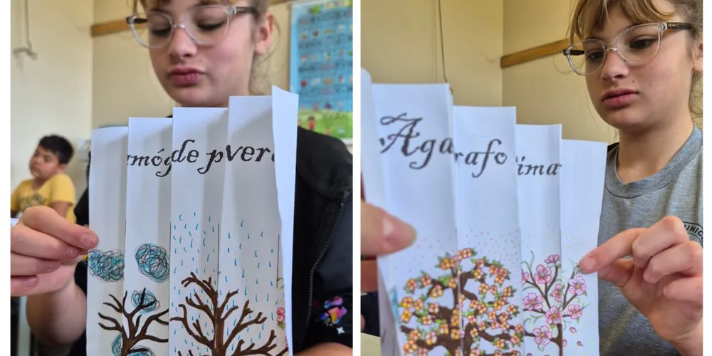 Como atividade prática, na disciplina de Artes, os alunos confeccionaram agamógrafos de primavera