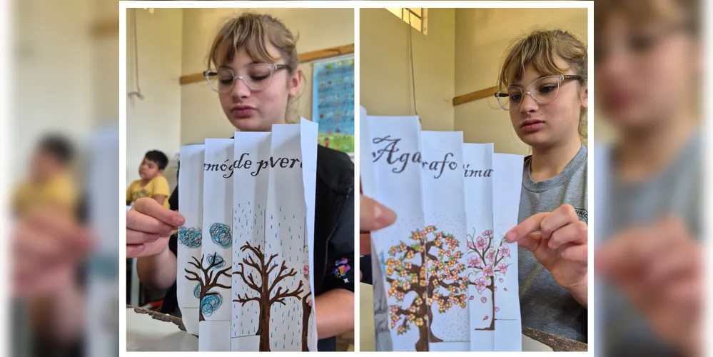 Como atividade prática, na disciplina de Artes, os alunos confeccionaram agamógrafos de primavera