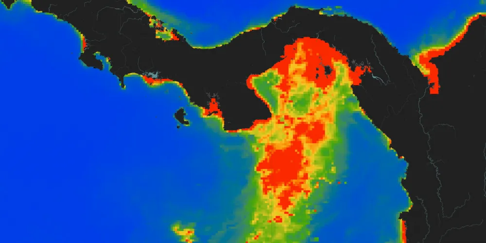 Concentrações de clorofila nos oceanos ao redor do Panamá (azul = baixa, vermelho = alta) em fevereiro de 2024, mostrando pico de produtividade no Golfo do Panamá durante um período típico de ressurgência