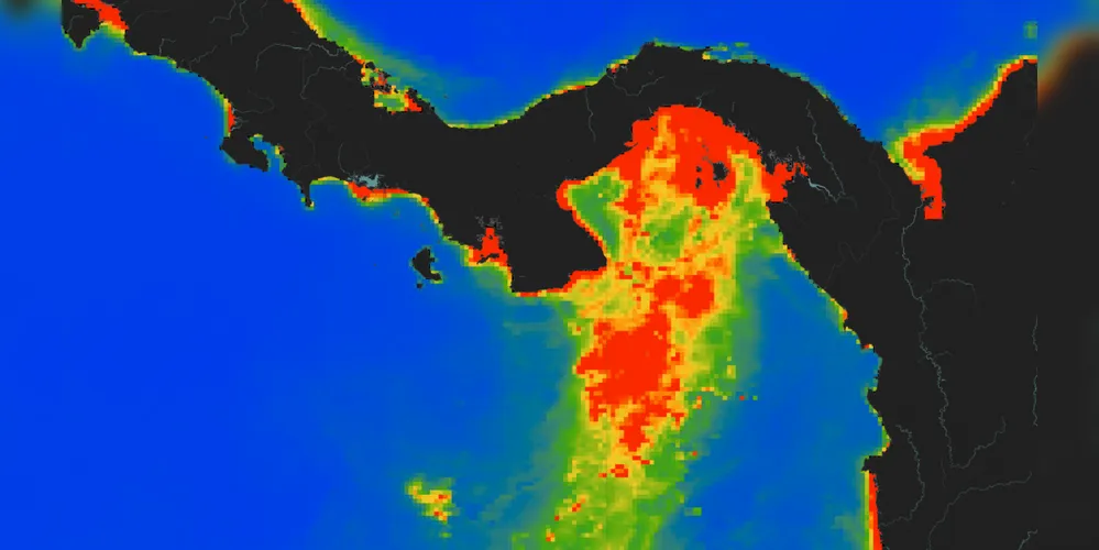 Concentrações de clorofila nos oceanos ao redor do Panamá (azul = baixa, vermelho = alta) em fevereiro de 2024, mostrando pico de produtividade no Golfo do Panamá durante um período típico de ressurgência