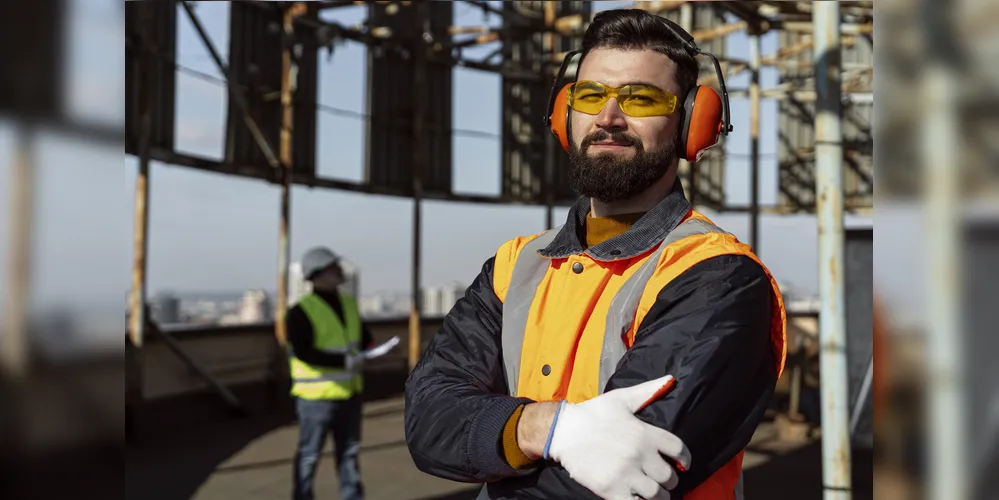 Na imagem é possível ver um trabalhador utilizando vários equipamentos de segurança durante o trabalho
