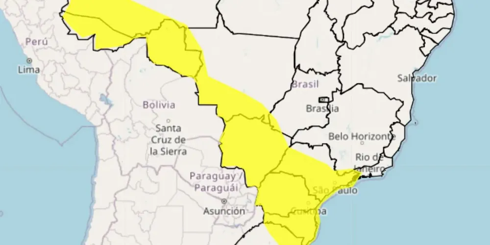 Alerta amarelo para chuva intensa e ventos em uma faixa entre a região Norte, Centro-Oeste, Sudeste e Sul