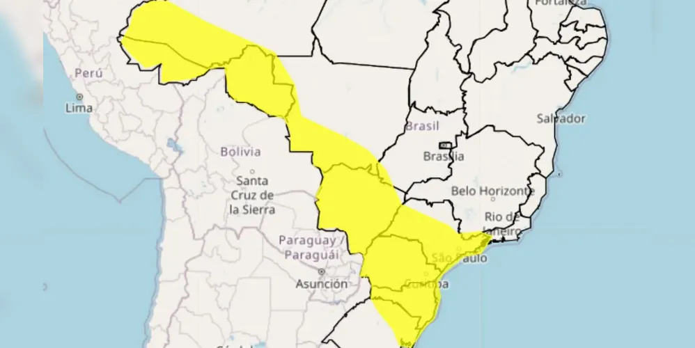 Alerta amarelo para chuva intensa e ventos em uma faixa entre a região Norte, Centro-Oeste, Sudeste e Sul