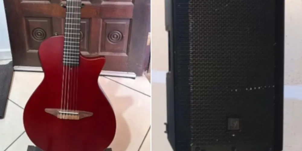 Foram furtados uma caixa de som da marca Eletro Voice, um Violão encordoamento de Nylon com tampo bordo, uma bolsa contendo cabos de microfone, microfone e uma mesa de som