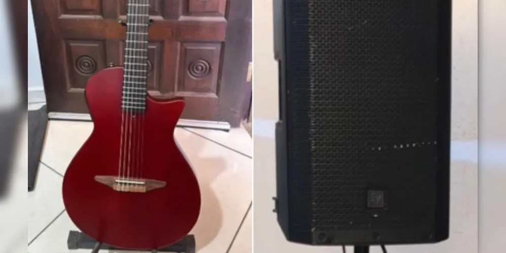 Foram furtados uma caixa de som da marca Eletro Voice, um Violão encordoamento de Nylon com tampo bordo, uma bolsa contendo cabos de microfone, microfone e uma mesa de som