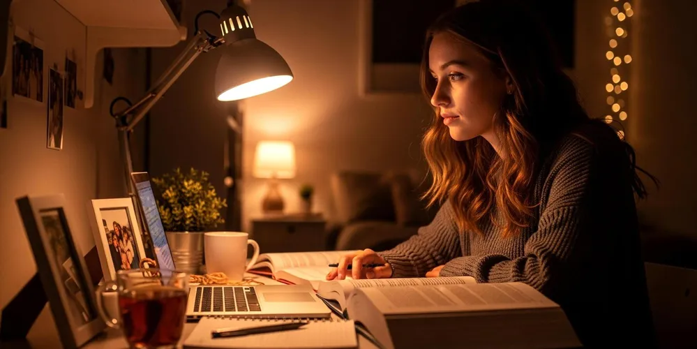 Mulher trabalhando em casa no período noturno
