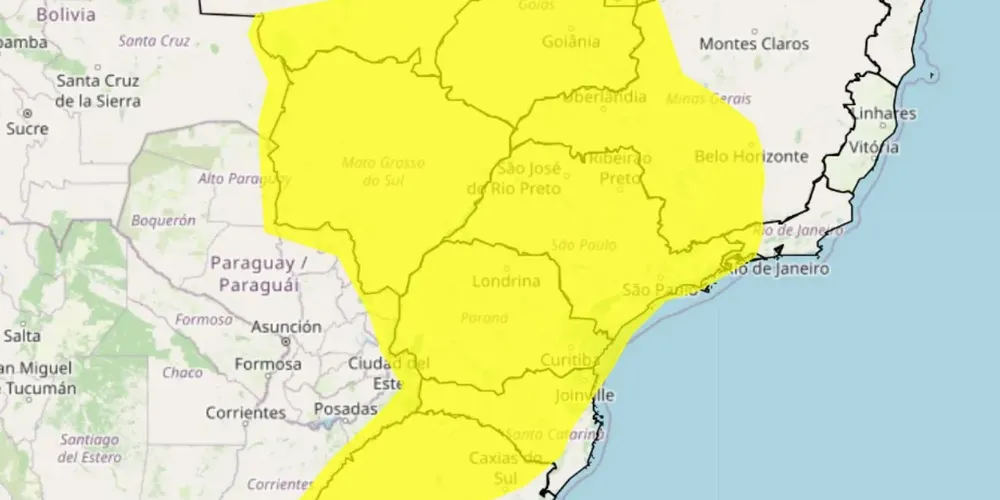 Alerta amarelo para tempestade em grande parte da Região Sudeste, Centro-Oeste e Sul