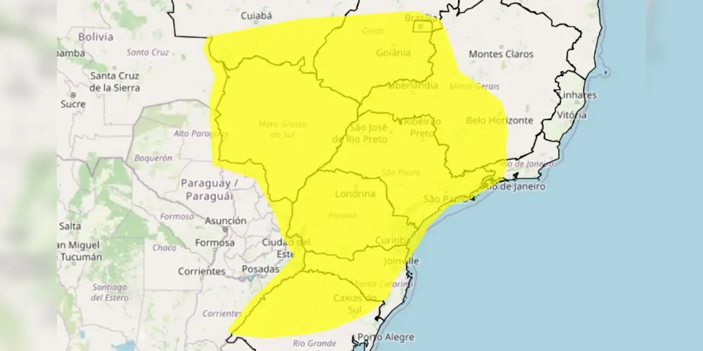 Alerta amarelo para tempestade em grande parte da Região Sudeste, Centro-Oeste e Sul