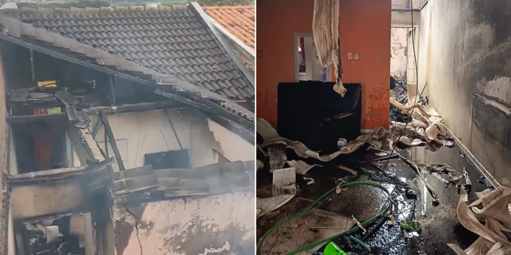 À esquerda, a casa da vizinha consumida pelo fogo e à direita, o imóvel de Bruno internamente